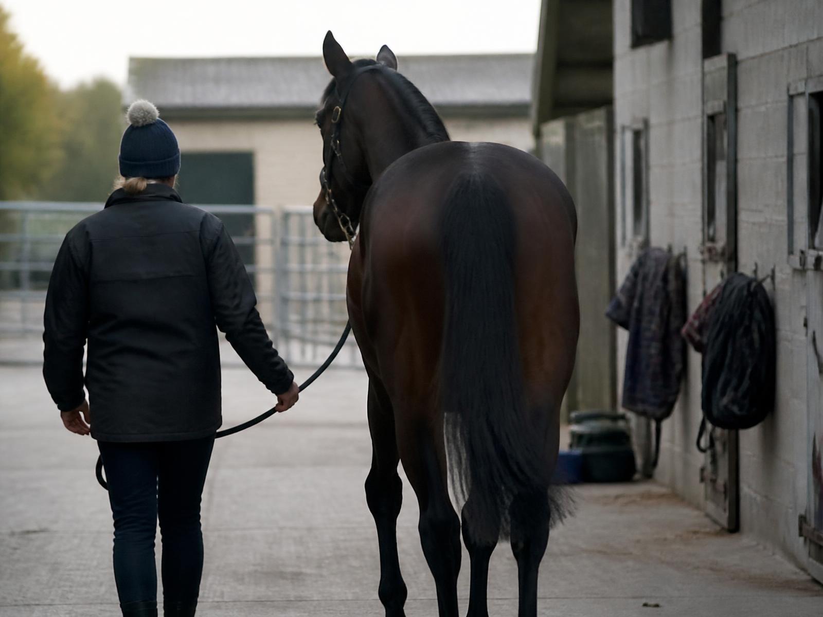 Performance horse moving through a working stable environment
